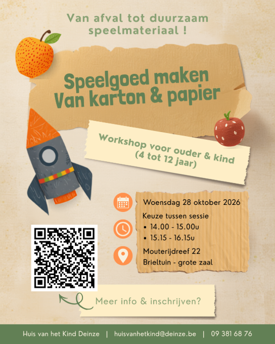 Workshop duurzaam speelgoed maken van karton en papier voor ouder en kind, 28 oktober 2026 in Deinze. (vergroot foto)
