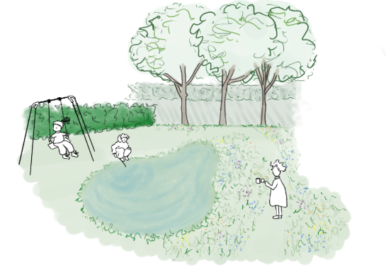 Illustratie van kinderen die spelen bij een vijver in een tuin met bomen, bloemen en een schommel. (vergroot foto)