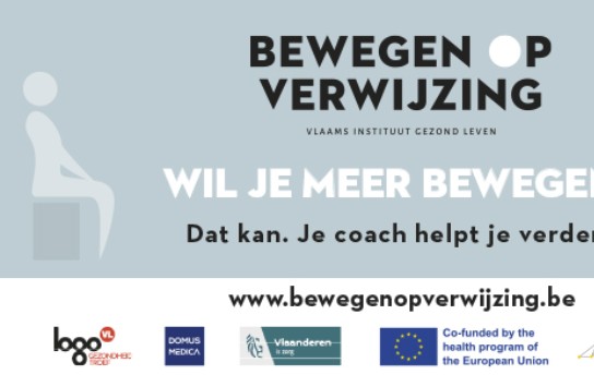 Logo en slogan van Bewegen Op Verwijzing met tekst over coach voor meer beweging, plus diverse logo's van ondersteunende organisaties. (vergroot foto)