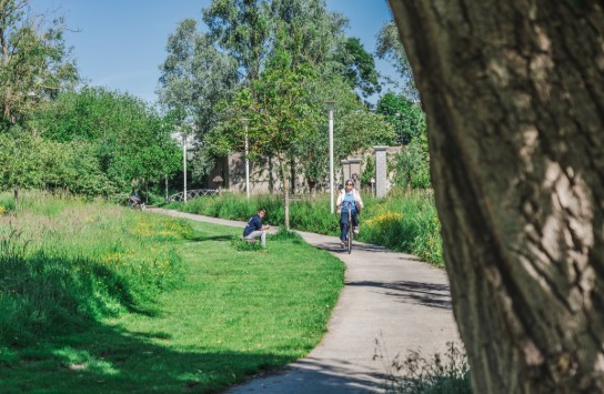 Fietser op pad in het kaandelpark en een persoon die op een bankje zit. (vergroot foto)