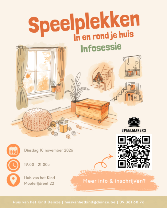 Flyer voor een infosessie over speelplekken in en rond je huis, met datum, tijd en locatie in Deinze. (vergroot foto)