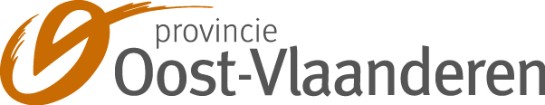 Logo van de provincie Oost-Vlaanderen met oranje en grijze tekst en grafisch element.