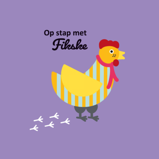 Illustratie van een gestreepte kip met voetafdrukken en de tekst "Op stap met Fikske" op paarse achtergrond. (vergroot foto)