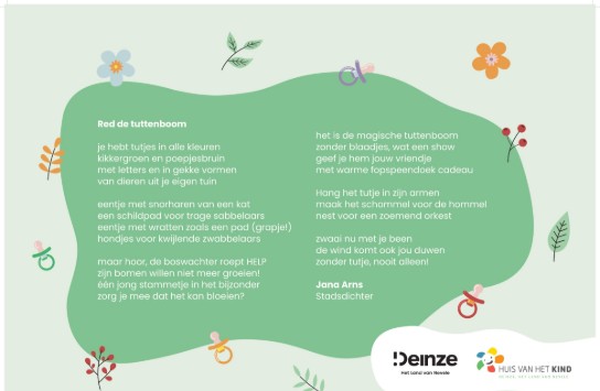 Tekst over de tuttenboom met gedicht en illustraties van tutjes, bloemen en blaadjes (vergroot foto)