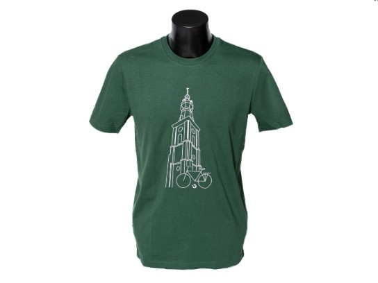 Donkergroene T-shirt met kerk Hansbeke - voorkant (vergroot foto)