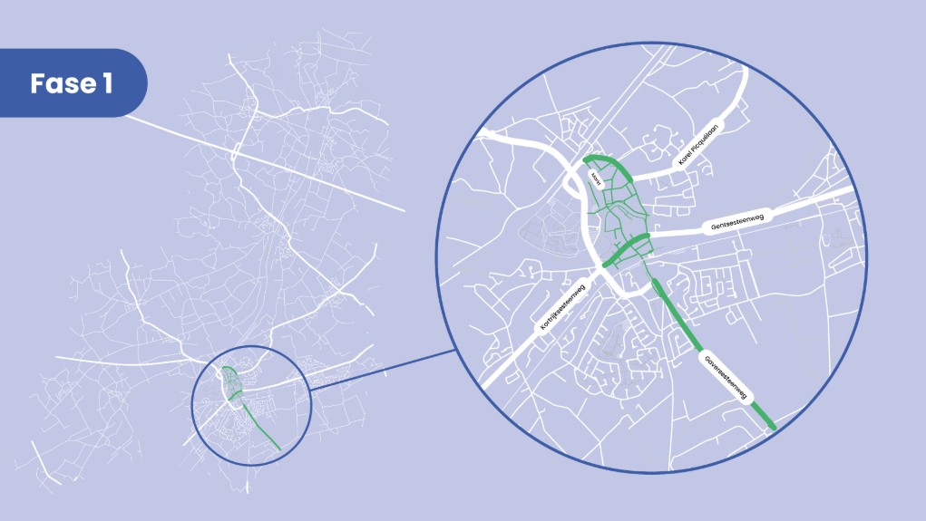 Kaart van fase 1 met wegen in groen gemarkeerd in een stedelijk gebied, inclusief straatnamen.