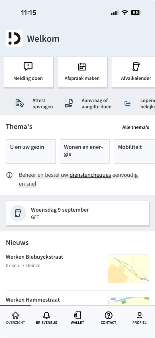 Screenshot van een app met opties voor melding doen, afspraak maken, afvalkalender en nieuws over wegenwerken. (vergroot foto)