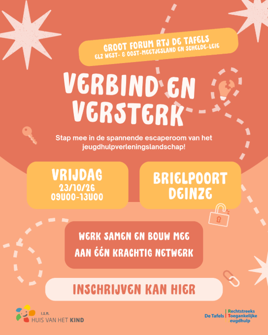 Flyer voor het Groot Forum RTJ De Tafels over jeugdhulp op 23/10/26 in Brielpoort Deinze, met inschrijfmogelijkheid. (vergroot foto)