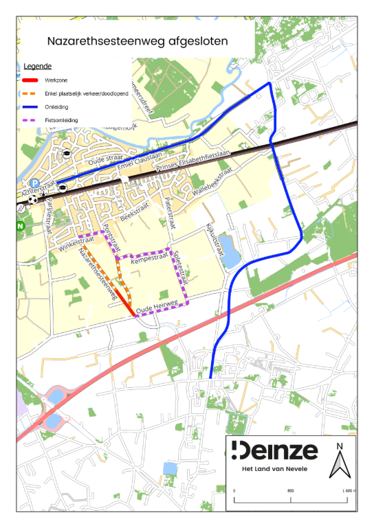 Kaart van Nazarethsesteenweg afgesloten met omleidingen voor verkeer en fietsers in Deinze. (vergroot foto)
