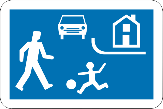 Verkeersbord woonerf: met voetganger, spelend kind, auto en huis, duidend op woonerf of speelstraat. (vergroot foto)